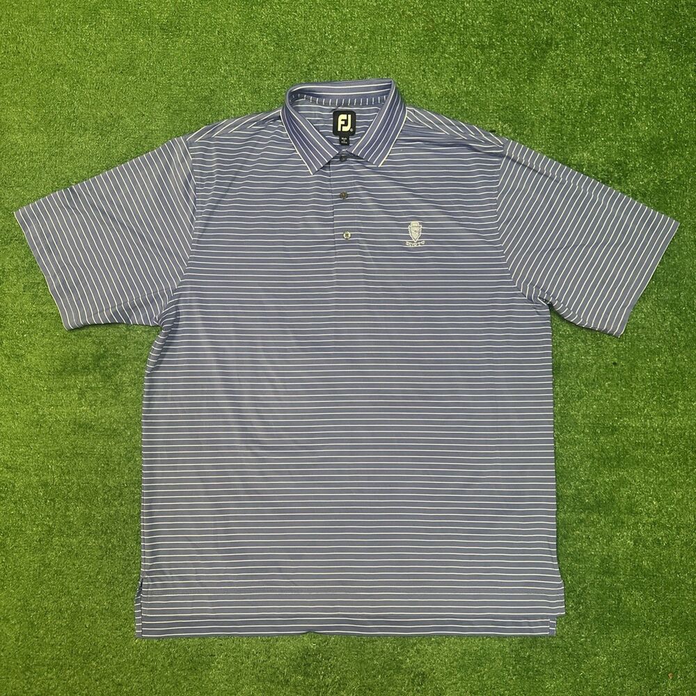 Footjoy Golf Athletic Polo Shirt Men’s 2XL Blue White Striped Moisture Wiking